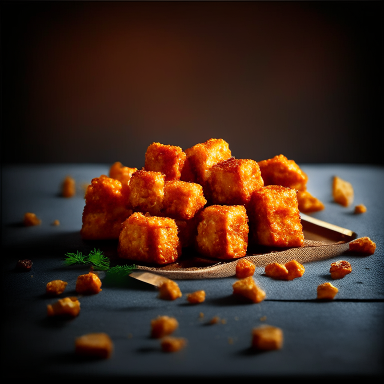 Air Fryer Sweet Chili Tofu Nuggets, filling frame, bright studio lighting, razor-sharp focus