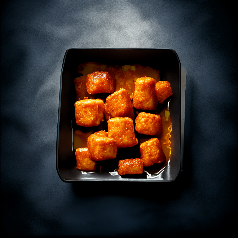 Air Fryer Sweet Chili Tofu Nuggets, filling frame, bright studio lighting, razor-sharp focus, from above