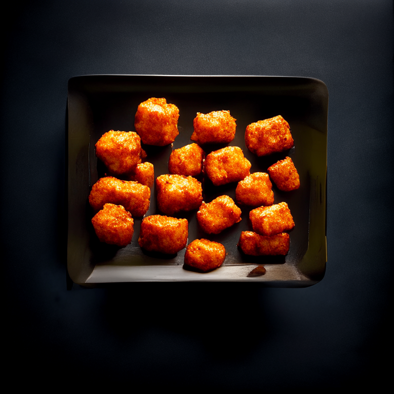 Air Fryer Sweet Chili Tofu Nuggets, filling frame, bright studio lighting, razor-sharp focus, from below