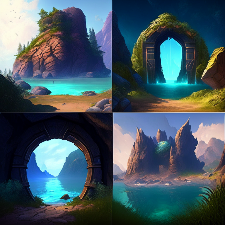 various armored nether portals in scenic locations like beaches, forests, mountains, ponds, meadows
