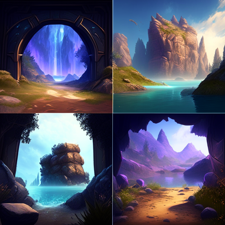 various armored nether portals in scenic locations like beaches, forests, mountains, ponds, meadows
