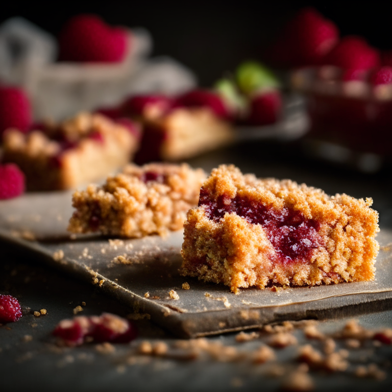 Oven-Baked Raspberry Crumble Bars, filling frame, bright studio lighting, razor-sharp focus