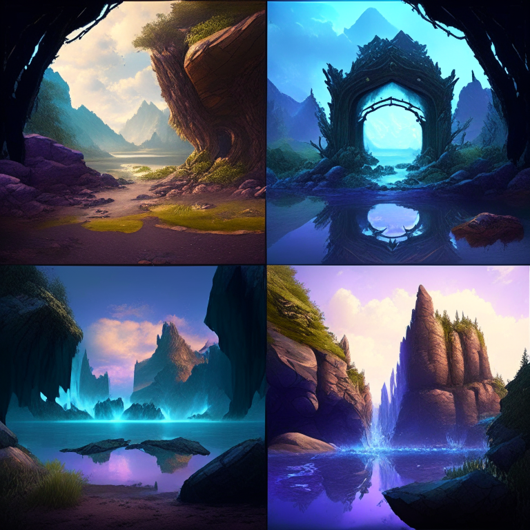 various armored nether portals in scenic locations like beaches, forests, mountains, ponds, meadows
