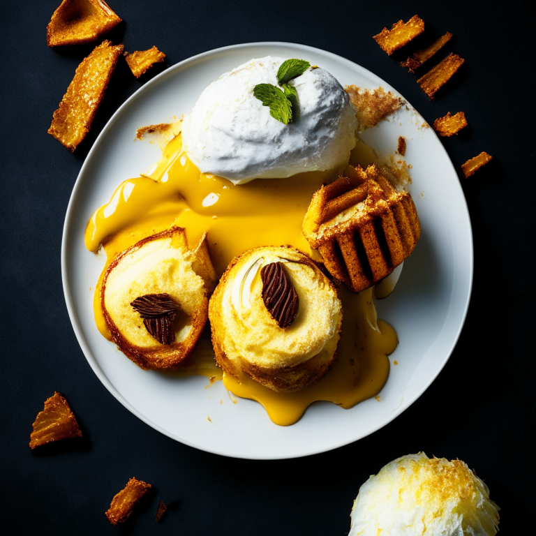 Air Fryer Caramelized Pineapple Slices with Oven-Baked Coconut Vanilla Ice Cream, filling frame, bright studio lighting, razor-sharp focus, from above