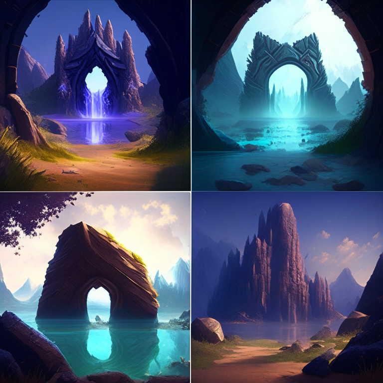 various armored nether portals in scenic locations like beaches, forests, mountains, ponds, meadows
