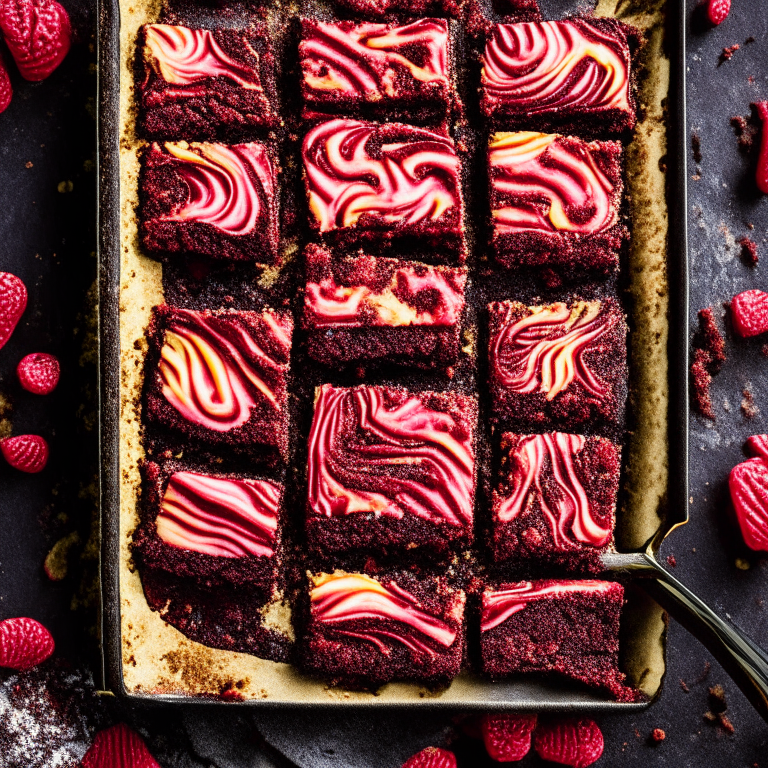 Oven-Baked Chocolate Brownies with Air Fryer Raspberry Swirl Cheesecake Bars, filling frame, bright studio lighting, razor-sharp focus, from above