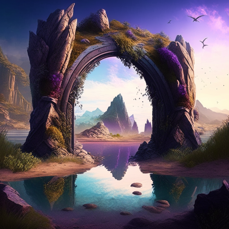 various armored nether portal arch in scenic locations like beaches, forests, mountains, ponds, meadows.  Fantasy style

