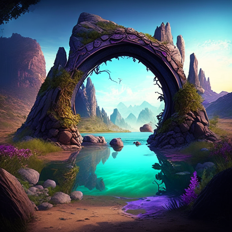 various armored nether portal arch in scenic locations like beaches, forests, mountains, ponds, meadows.  Fantasy style

