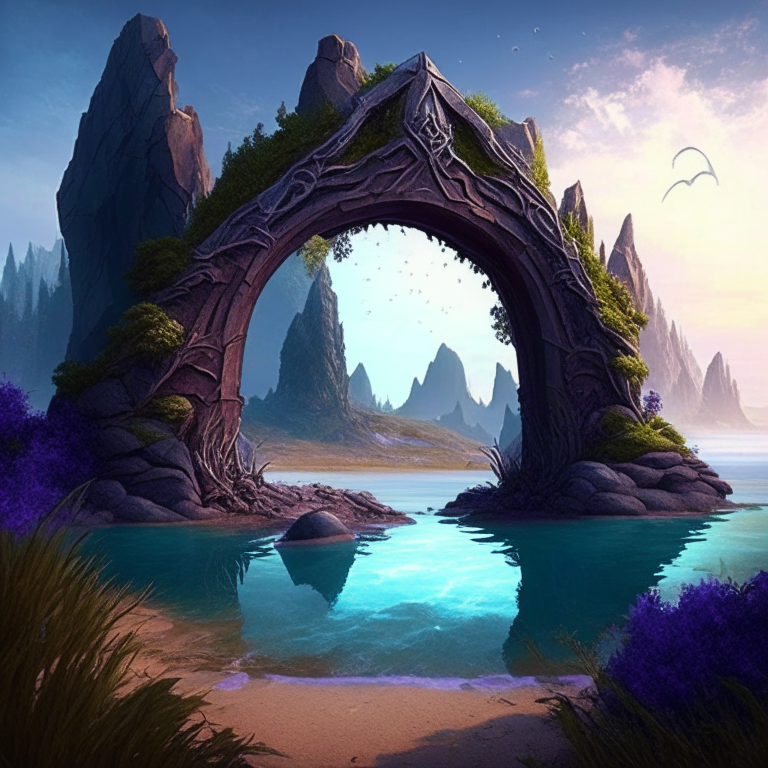 various armored nether portal arch in scenic locations like beaches, forests, mountains, ponds, meadows.  Fantasy style

