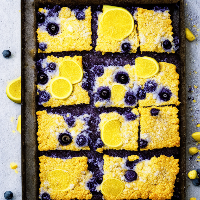 Oven-Baked Lemon Bars with Air Fryer Blueberry Crumble filling frame, bright studio lighting, razor-sharp focus, from above