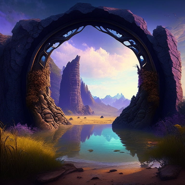 various armored nether portal arch in scenic locations like beaches, forests, mountains, ponds, meadows.  Fantasy style

