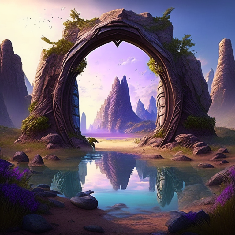 various armored nether portal arch in scenic locations like beaches, forests, mountains, ponds, meadows.  Fantasy style

