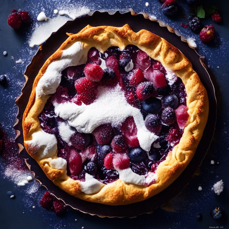 Baked Mixed Berry Galette with Air Fryer Vanilla Bean Whipped Cream filling frame, bright studio lighting, razor-sharp focus, from above