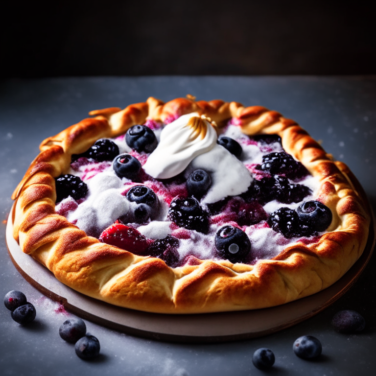 Baked Mixed Berry Galette with Air Fryer Vanilla Bean Whipped Cream filling frame, bright studio lighting, razor-sharp focus, from front