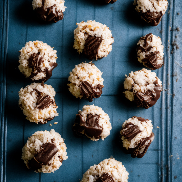 Air Fryer Chocolate Dipped Coconut Macaroons filling frame, bright studio lighting, razor-sharp focus, from above