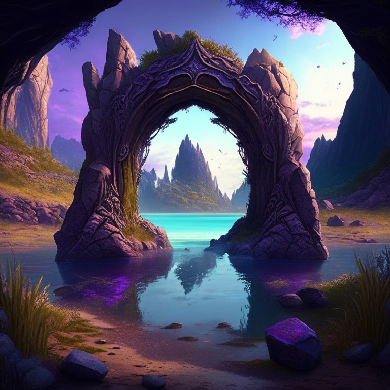 various armored nether portal arch in scenic locations like beaches, forests, mountains, ponds, meadows.  Fantasy style

