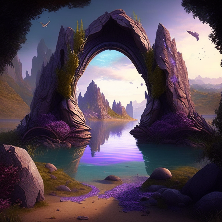 various armored nether portal arch in scenic locations like beaches, forests, mountains, ponds, meadows.  Fantasy style

