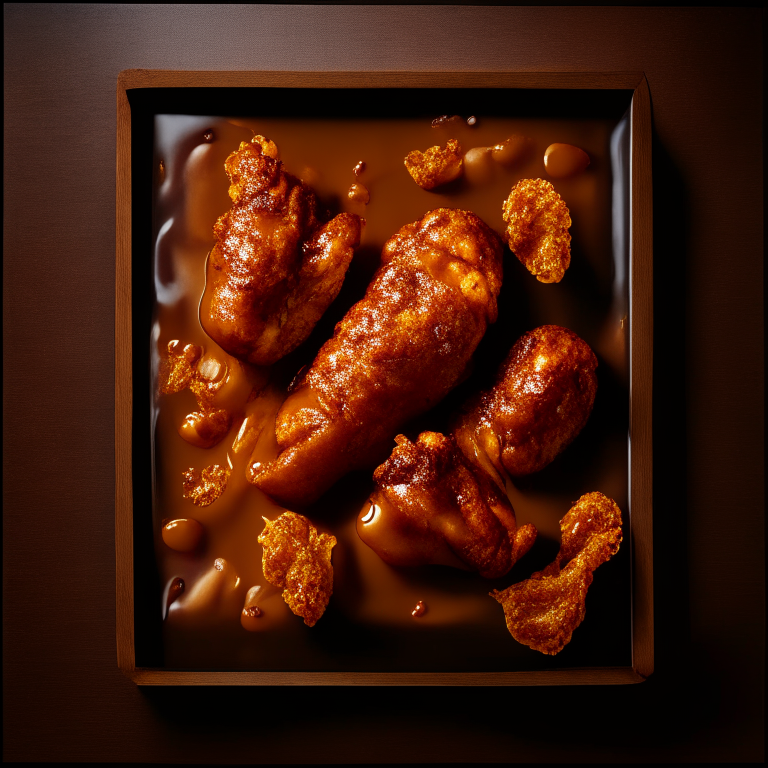 Honey Mustard Chicken Wings with Oven-Baked BBQ Baked Beans filling frame, bright studio lighting, razor-sharp focus, from above