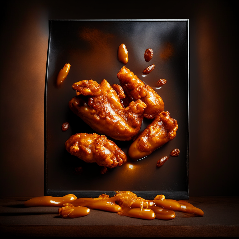 Honey Mustard Chicken Wings with Oven-Baked BBQ Baked Beans filling frame, bright studio lighting, razor-sharp focus, from below