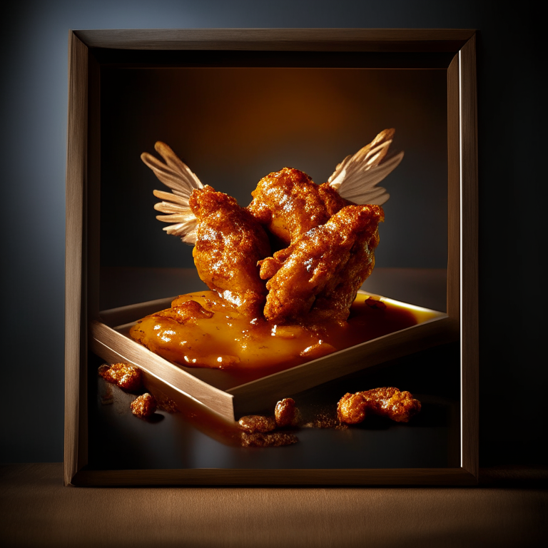 Honey Mustard Chicken Wings with Oven-Baked BBQ Baked Beans filling frame, bright studio lighting, razor-sharp focus, from front