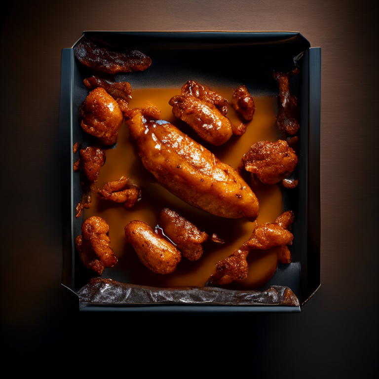 Honey Mustard Chicken Wings with Oven-Baked BBQ Baked Beans filling frame, bright studio lighting, razor-sharp focus, from above