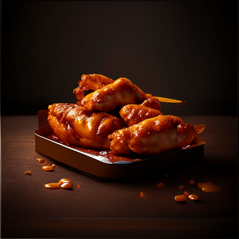 Honey Mustard Chicken Wings with Oven-Baked BBQ Baked Beans filling frame, bright studio lighting, razor-sharp focus, from front