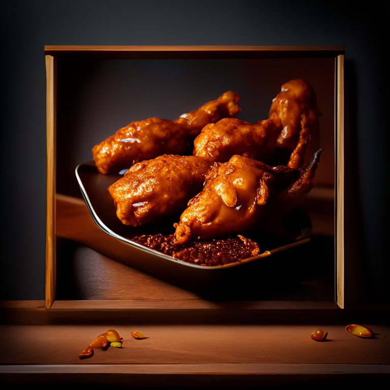 Honey Mustard Chicken Wings with Oven-Baked BBQ Baked Beans filling frame, bright studio lighting, razor-sharp focus, from below