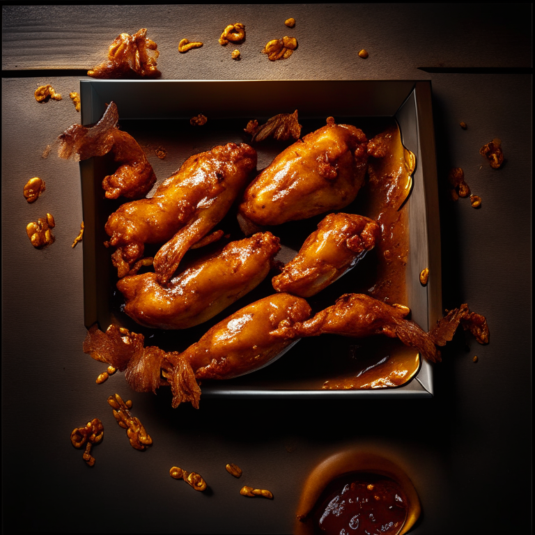 Honey Mustard Chicken Wings with Oven-Baked BBQ Baked Beans filling frame, bright studio lighting, razor-sharp focus, shot from above