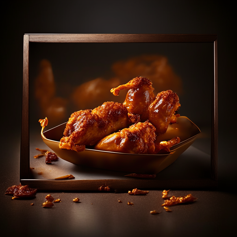 Honey Mustard Chicken Wings with Oven-Baked BBQ Baked Beans filling frame, bright studio lighting, razor-sharp focus, shot from front