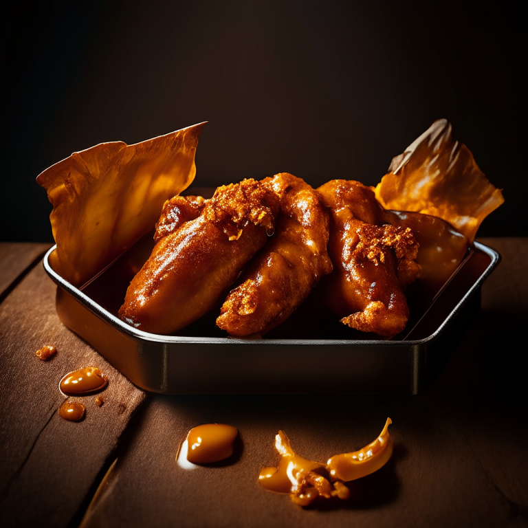 Honey Mustard Chicken Wings with Oven-Baked BBQ Baked Beans filling frame, bright studio lighting, razor-sharp focus, shot from below