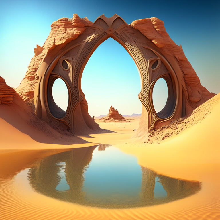 various armored nether portal arch in scenic location desert pyramids, pond, beach.  Fantasy style

