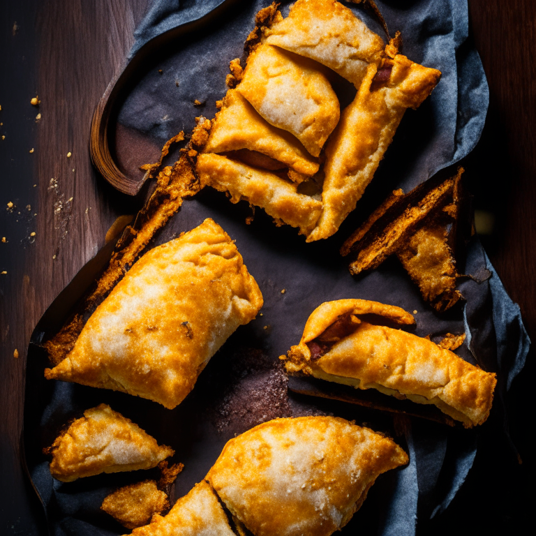 Oven-Baked Beef and Cheddar Hand Pies with Air Fryer Truffle Parmesan Fries filling frame, bright studio lighting, razor-sharp focus, shot from above