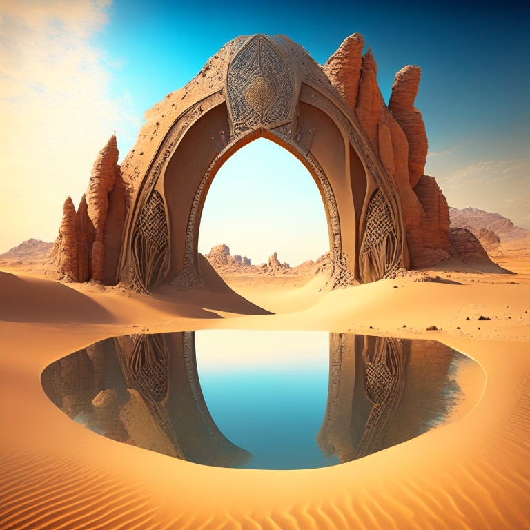 various armored nether portal arch in scenic location desert pyramids, pond, beach.  Fantasy style
