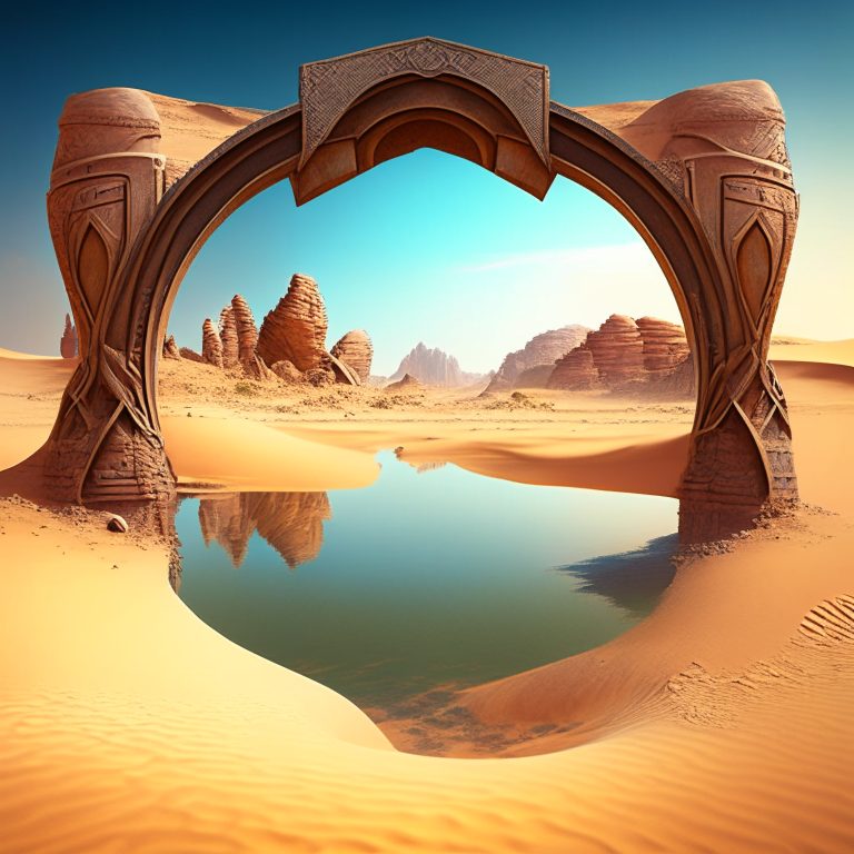 various armored nether portal arch in scenic location desert pyramids, pond, beach.  Fantasy style
