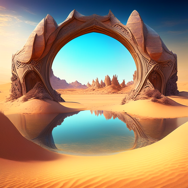 various armored nether portal arch in scenic location desert pyramids, pond, beach.  Fantasy style
