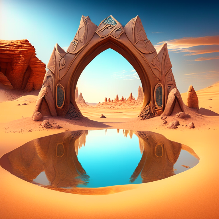 various armored nether portal arch in scenic location desert pyramids, pond, beach.  Fantasy style
