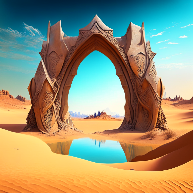 various armored nether portal arch in scenic location desert pyramids, pond, beach.  Fantasy style
