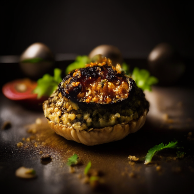 Vegetarian Stuffed Portobello Mushrooms filling frame, bright studio lighting, razor-sharp focus, shot from below