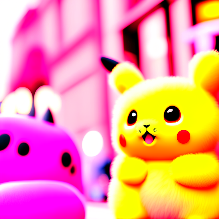 Cute adorable fluffy stuffy Pikachu Invasion by Harrold Ginsberg in the style of pop-inspired visuals, , bold manga lines, rtx, metal, dinopunk, techpunk, smoke, luminism. candid street portrait, fuchsia, wide shot