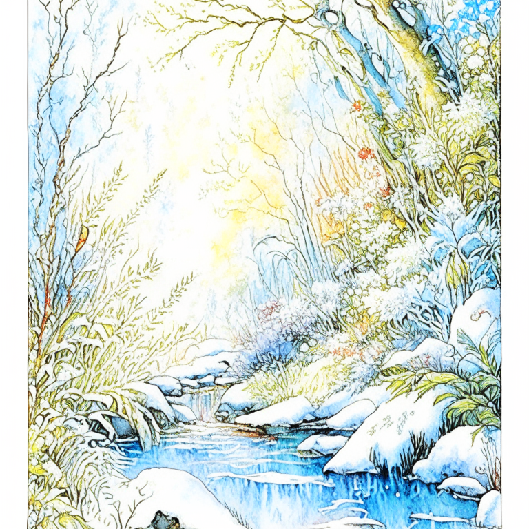 A ultra HD detailed painting hoarfrost, pearl sunlight, iced river in snowy forest, and inkwell and ink quill amidst the thicket of plants, by Jean-Baptiste Monge, watercolor and ink, intricate details, fantasy, beautiful, award-winning, colorful, fantastic view, crisp quality, fantasy, flowers, memories, nature, overgrown, high quality, sharp focus, realistic photo, perfect composition, beautiful detailed intricate insanely detailed octane trending ArtStation render, 8k art photography, photorealistic concept art, soft natural 3D cinematography perfect light