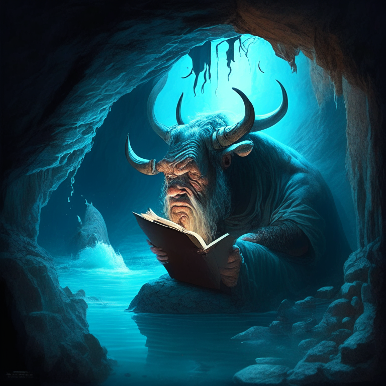 a stoic, old, and wise philosopher reading in a secret cave in the ocean with evil ox-like creature swimming outside of his cozy cave