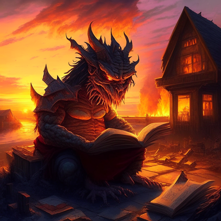 evil fire creature that looks like a stoic philosopher reading under the light of putre sunrise while the houses around him are smashed like pawns on a chess bord by wave that are enormous in size and strength