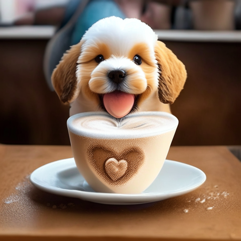 a happy puppy drinking a latte with heart-shaped foam art