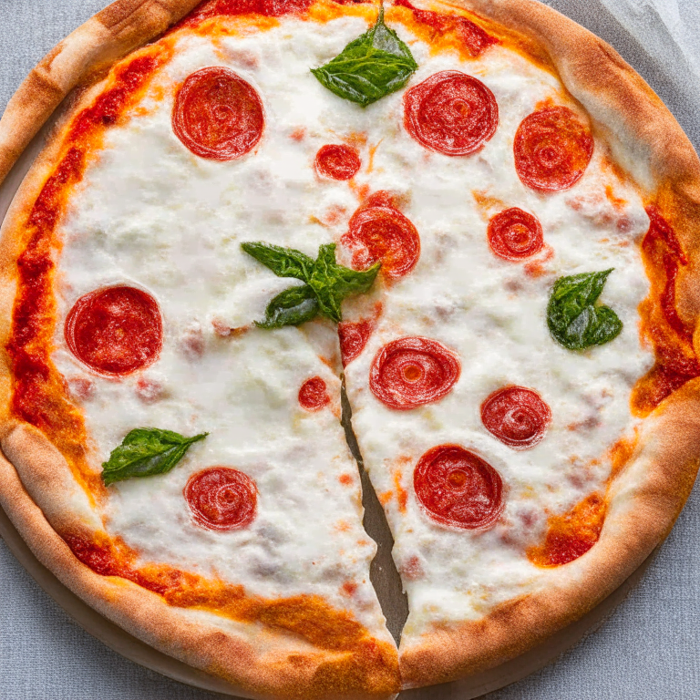 A margherita pizza with a round crust, chopped tomatoes and mozzarella cheese