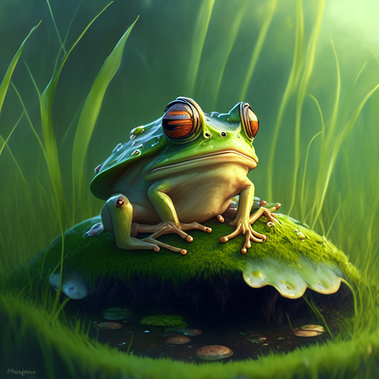 there is a frog that is sitting on a mushroom in the grass, a digital painting by Martina Krupičková, behance contest winner, fantasy art, digital fantasy art ), ultrarealistic digital art, stunning 3d render of a fairy