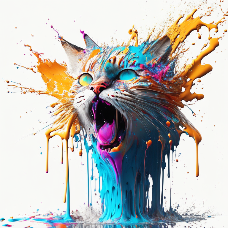 3d Splash art, a cat head, ((white background)), roaring, epic Instagram, artstation, splash style of colorful paint, contour, hyperdetailed intricately detailed , unreal engine, fantastical, intricate detail, splash screen, complementary colors, fantasy concept art, 16k resolution, deviantart masterpiece, oil painting, heavy strokes, paint dripping, splash arts