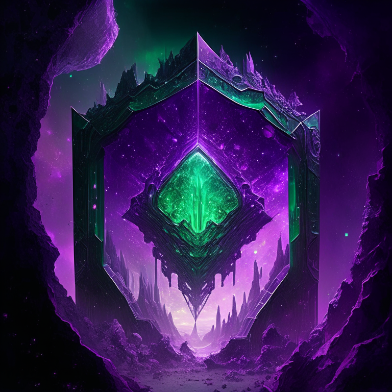 purple tone, emerald, ruby, crystal gems Armored nether portal lattice, alien worlds,  city, nebulae