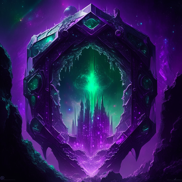 purple tone, emerald, ruby, crystal gems Armored nether portal lattice, alien worlds,  city, nebulae