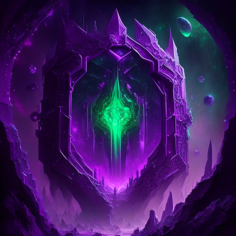 purple tone, emerald, ruby, crystal gems Armored nether portal lattice, alien worlds,  city, nebulae