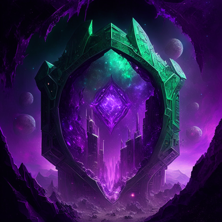 purple tone, emerald, ruby, crystal gems Armored nether portal lattice, alien worlds,  city, nebulae